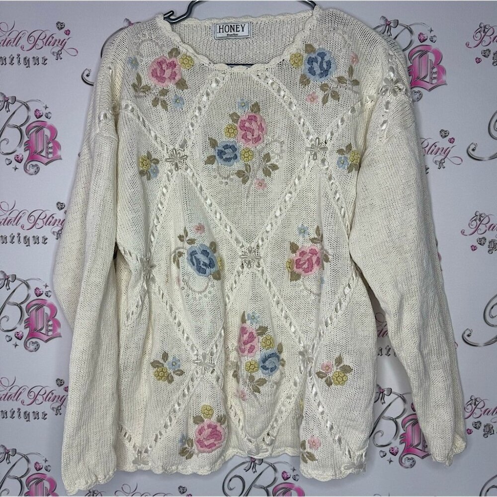 Honey sweater vintage ribbon 🎀 bow pearls embroidered floral flowers pastel